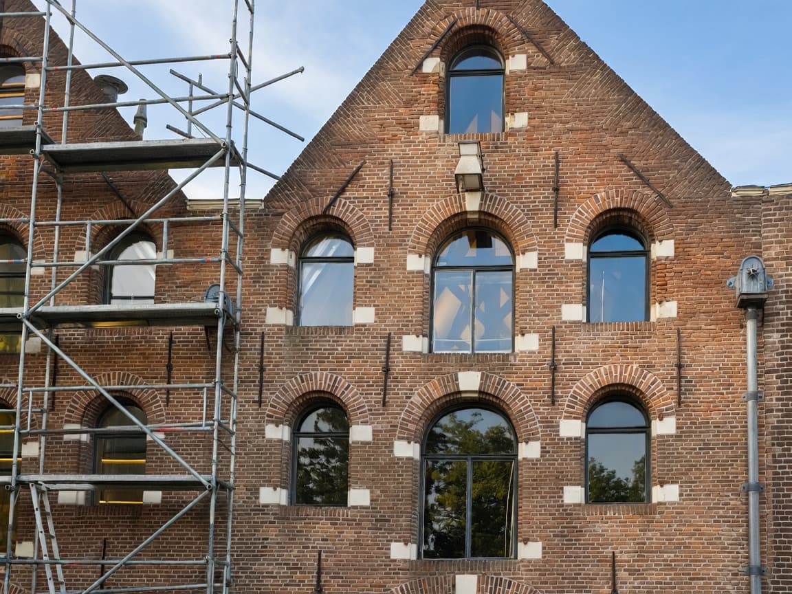 Gevelrestauratie met steigers aan een bakstenen monument